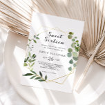 Invitation Tropical Green Feuille Sweet sixteen fête d'annive<br><div class="desc">Cette invitation à la fête d'anniversaire de sweet sixteen vert tropical est parfaite pour une famille simple et des amis se réunissent pour célébrer le 16ème anniversaire. Le design présente de beaux feuilles verts peints à la main,  ornant un cadre géométrique doré.</div>