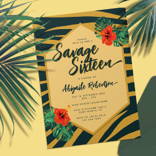 Invitation Tropical Green Gold Zebra Sweet sixteen floral