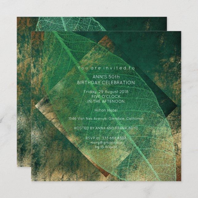 Invitation Tropical Green Leaf Distressed Gold Party (Devant / Derrière)