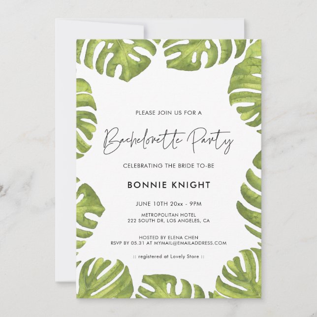 Invitation Tropical green palm feuille Bachelorette Party (Devant)