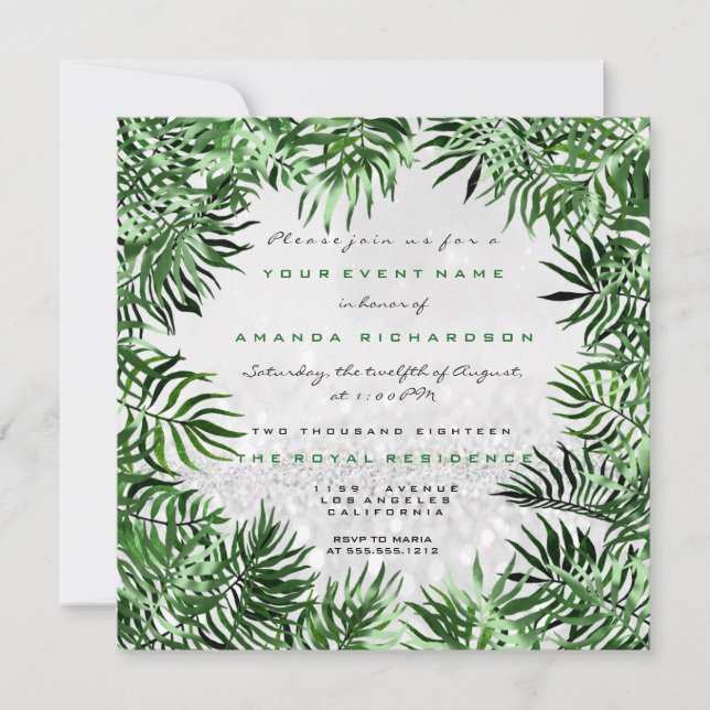 Invitation Tropical Green Palm Leaf Frame Argent Parties scin (Devant)