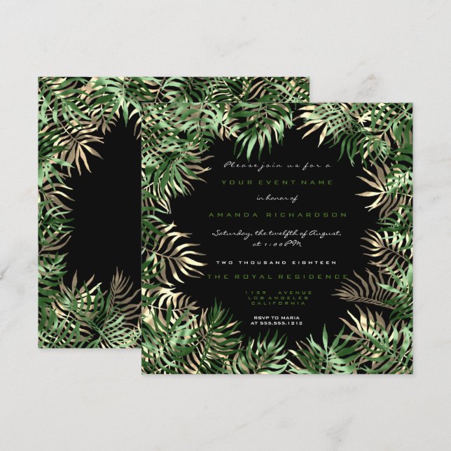 Invitation Tropical Green Palm Leaf Frame Black Sepia Gold (Devant / Derrière)