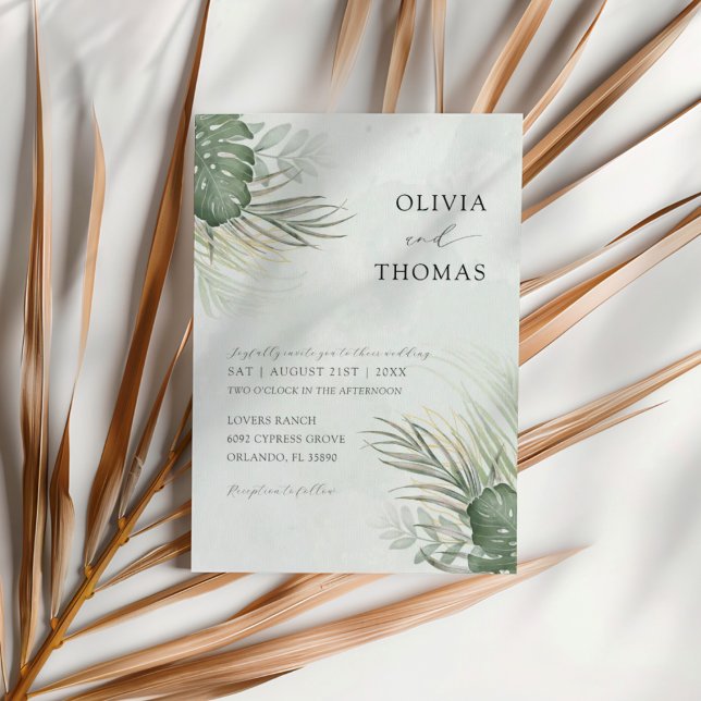 Invitation Tropical Green Watercolor Palm Leaves Wedding (Créateur téléchargé)