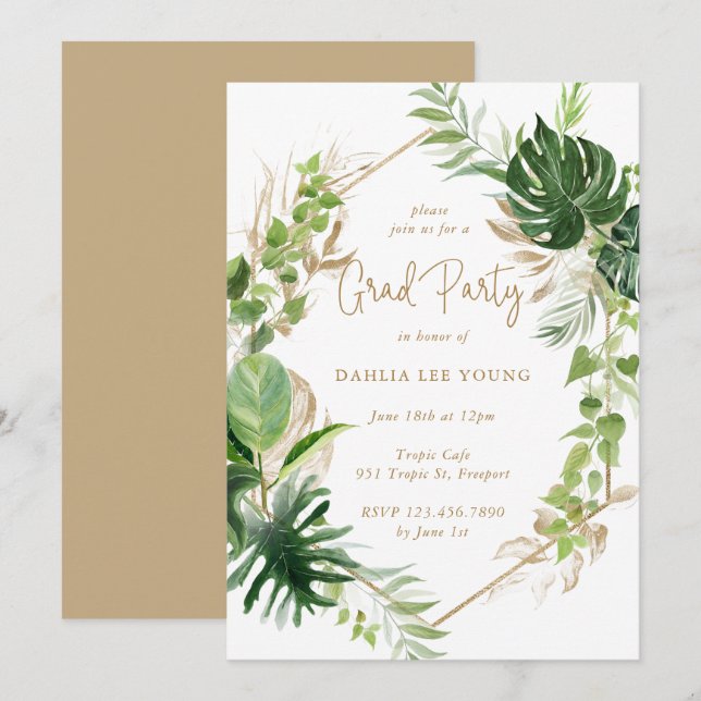 Invitation Tropical Greenery Gold Geometry Graduation Party (Devant / Derrière)