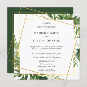 Invitation Tropical Greenery Mariage géométrique Leafy Gold