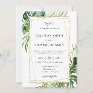 Invitation Tropical Greenery Mariage géométrique Leafy Gold