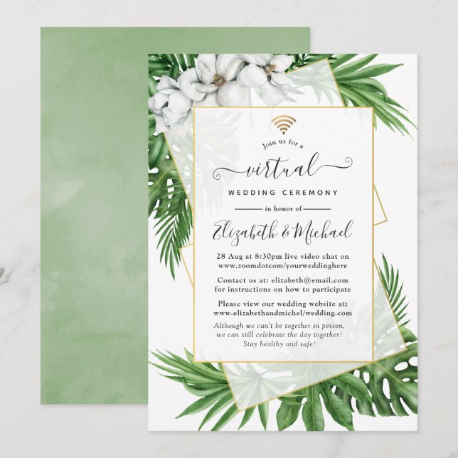 Invitation Tropical Greenery Mariage virtuel en ligne géométr (Devant / Derrière)