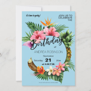 Invitation Tropical Hawaiian Floral Anniversaire fête Bleu cl