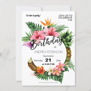 Invitation Tropical Hawaiian Floral Anniversaire Party Blanc