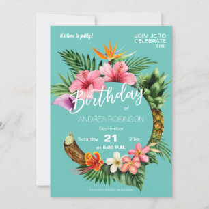 Invitation Tropical Hawaiian Floral fête d'anniversaire Turqu