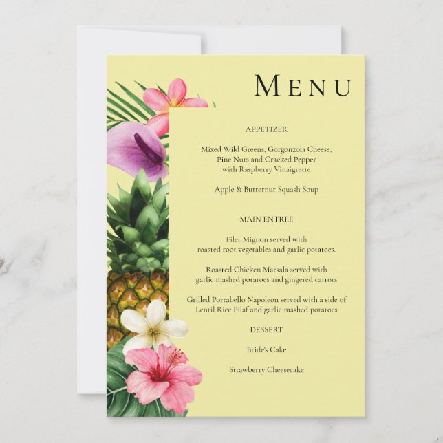 Invitation Tropical Hawaiian Floral Menu- Jaune (Devant)
