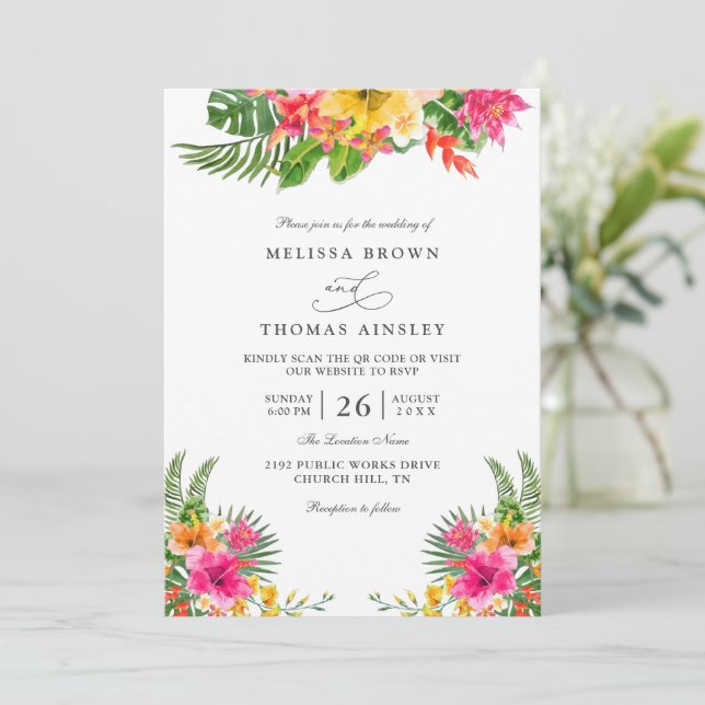 Invitation Tropical Hibiscus Floral Elegant QR Code Wedding (Debout devant)