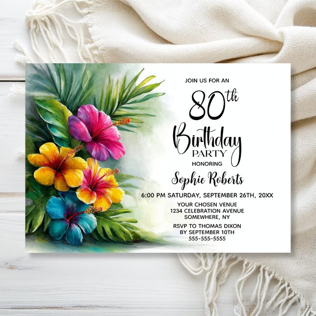 Invitation Tropical Hibiscus Flowers 80th Birthday Party (Créateur téléchargé)