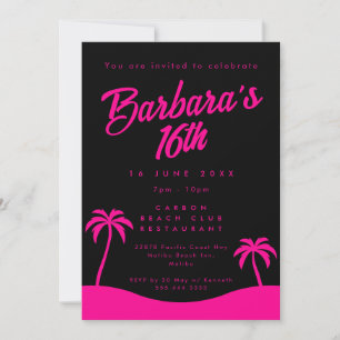 Invitation Tropical Hot Pink Black Summer Beach Sweet 16