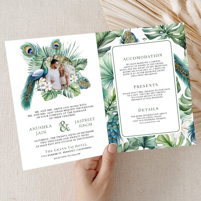 Invitation Tropical Indian Peacock Floral All in One Wedding (Créateur téléchargé)