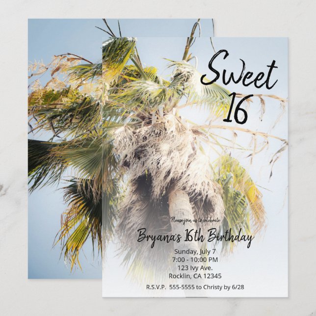 Invitation Tropical Island Palm Tree Sweet 16 Anniversaire (Devant / Derrière)