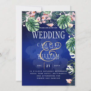 Invitation Tropical Island Royal Blue Flowers Feuille Mariage