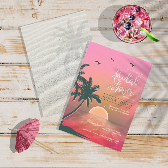 Invitation Tropical Isle Sunrise Mariage Pink ID581 (Front/Back In Situ)
