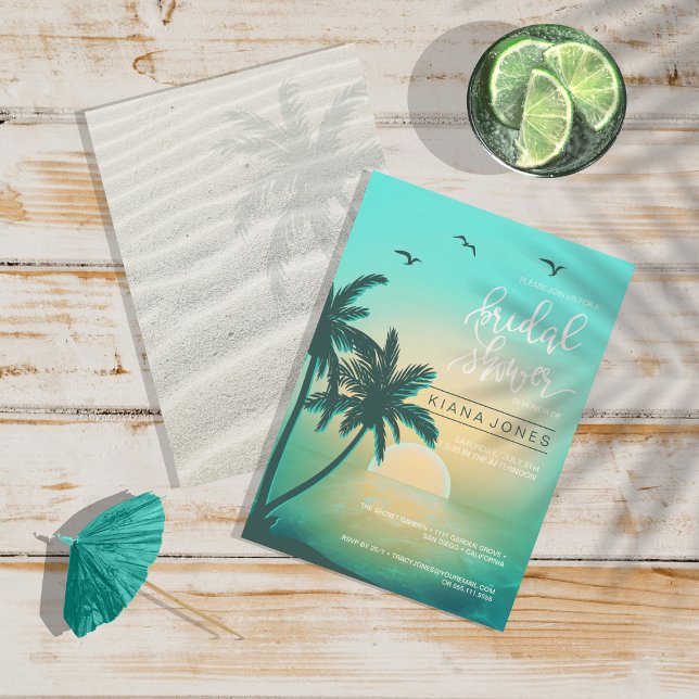Invitation Tropical Isle Sunrise Mariage Turquoise ID581 (Front/Back In Situ)
