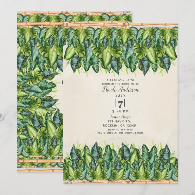 Invitation Tropical Jungle Feuilles & Bambou Baby Shower Mari (Devant / Derrière)
