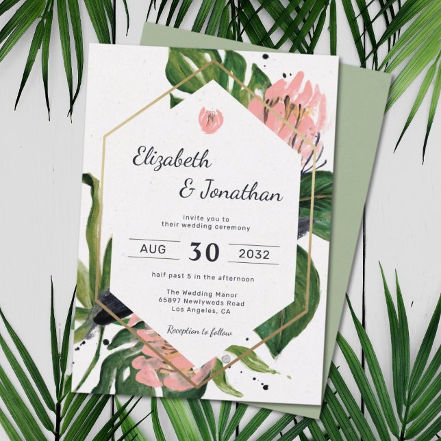 Invitation Tropical jungle rose fleur & fleurs feuilles moder (Créateur téléchargé)