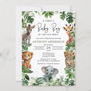 Invitation Tropical Jungle Safari Animaux Baby showers Garçon
