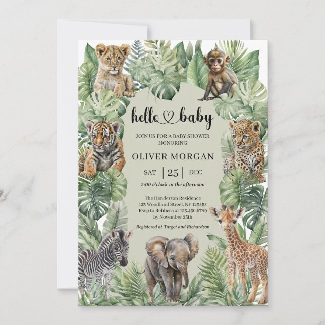 Invitation Tropical Jungle Safari Animaux Baby showers Garçon (Devant)