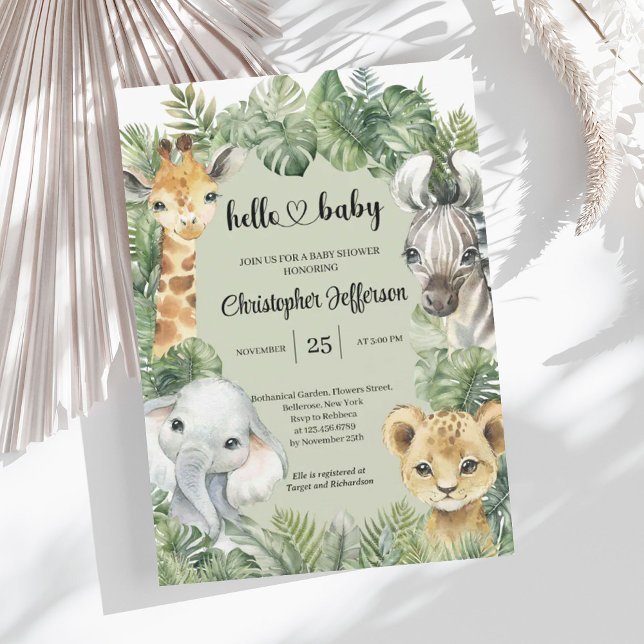 Invitation Tropical Jungle Safari Animaux Baby showers Garçon (Tropical Jungle Safari Animals Boy Baby Shower Invitation)