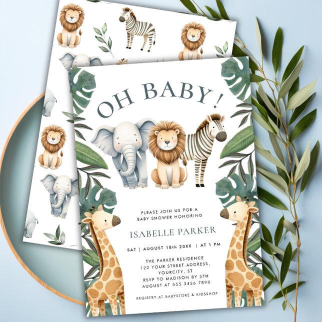 Invitation Tropical Jungle Safari Animaux Baby showers Garçon (Tropical Jungle Safari Animals Boy Baby Shower Invitation)
