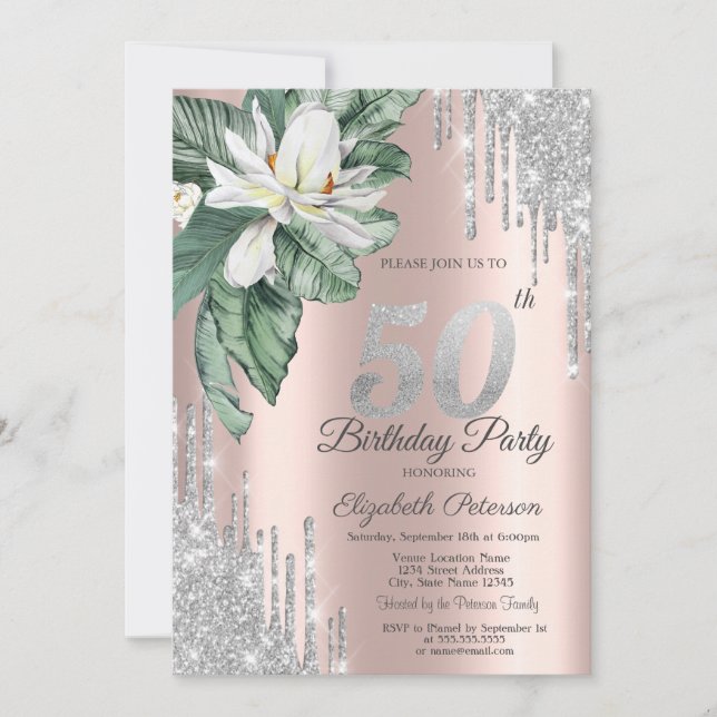 Invitation Tropical Leaf Magnolia Drips Rose Gold 50ème (Devant)