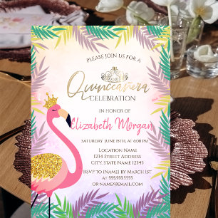 Invitation Tropical Leaf Rose Flamant Quinceañera