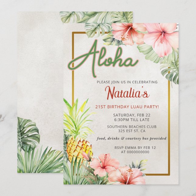 Invitation Tropical LUAU pour adultes fête d'anniversaire (Devant / Derrière)