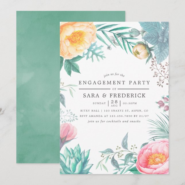 Invitation Tropical Mint Floral Summer Engagement Party (Devant / Derrière)