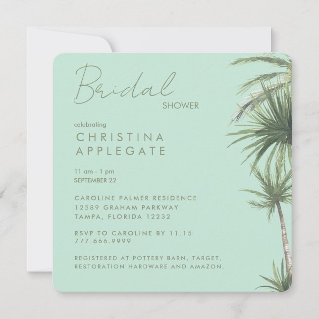Invitation Tropical Mint Mariage Carré Arrondi Douche  (Devant)