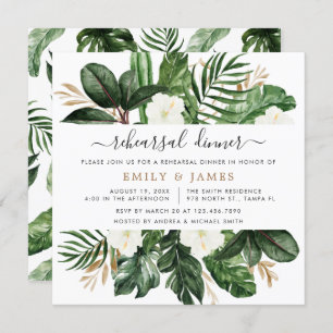 Invitation Tropical Modern Palm Cactus White Floral Rehearal