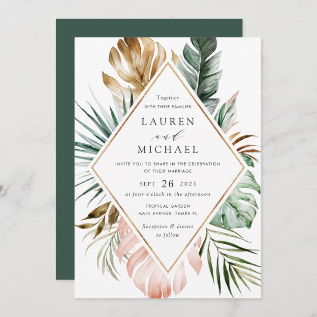 Invitation Tropical Moderne Palm Verdure Floral Blush (Devant / Derrière)