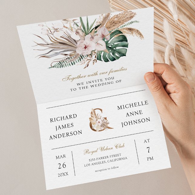 Invitation Tropical Monstera Boho Pampas QR Code Wedding (Créateur téléchargé)
