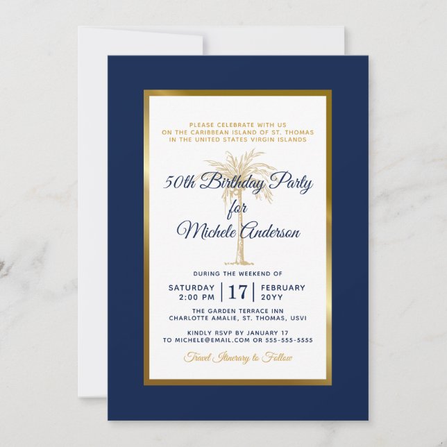 Invitation Tropical Navy Blue Gold Palm Tree fête d'anniversa (Devant)