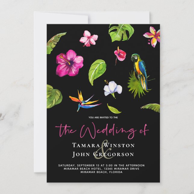 Invitation Tropical noir floral verdure mariage sur la plage (Devant)