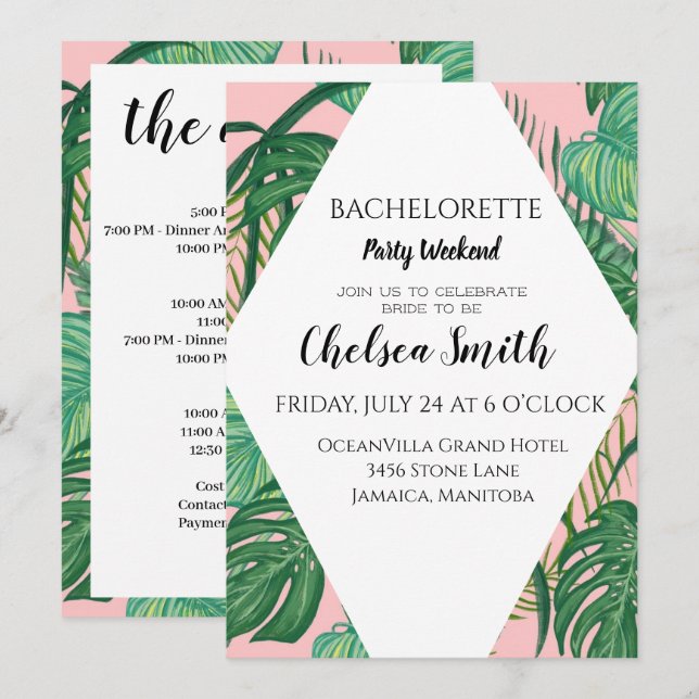 Invitation Tropical Palm Bachelorette Party Itinéraire Détail (Devant / Derrière)