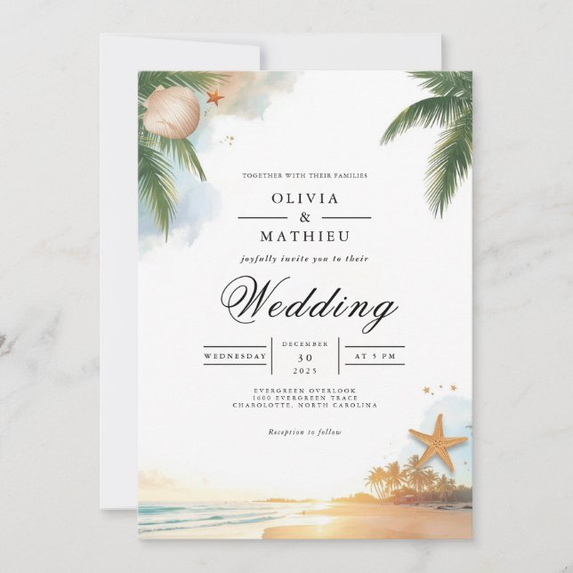 Invitation Tropical Palm Beach Romance Mariage (Devant)