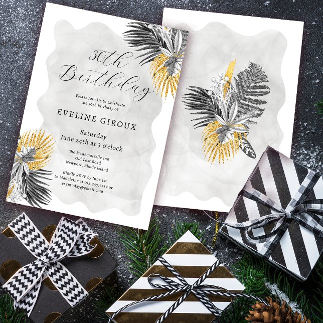 Invitation Tropical Palm Black White Gold 30e anniversaire (Need matching tropical palm welcome signs or party supplies? Message me!)