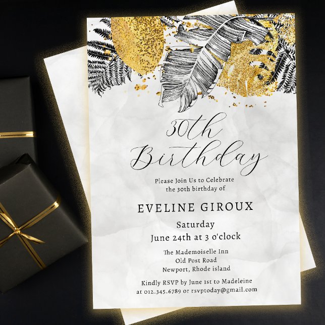 Invitation Tropical Palm Black White Gold 30e anniversaire (Need matching black and gold tropical palm party supplies? Message me!)