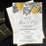 Invitation Tropical Palm Black White Gold 40e anniversaire<br><div class="desc">Élégante et chic invitation à la douche nuptiale de palmiers tropicaux avec un agencement haut de gamme de feuilles de palmiers dessinés à la ligne noire et de feuillage texturé en or. Le titre d'anniversaire est écrit dans un script moderne et ouvert. Un lave-linge gris doux et romantique rassemble le...</div>