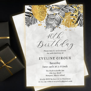 Invitation Tropical Palm Black White Gold 40e anniversaire