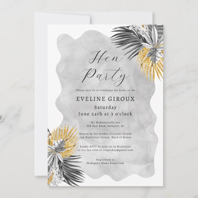 Invitation Tropical Palm Black White Gold Hen Party (Devant)