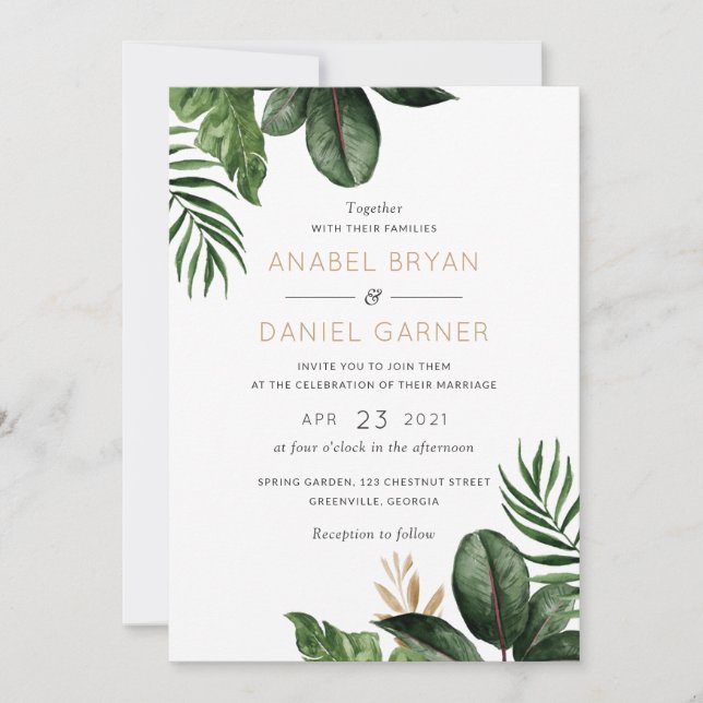 Invitation Tropical Palm Feuille Mariage moderne (Devant)