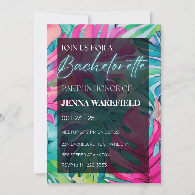 Invitation Tropical Palm Feuille Neon Bachelorette Party (Devant)