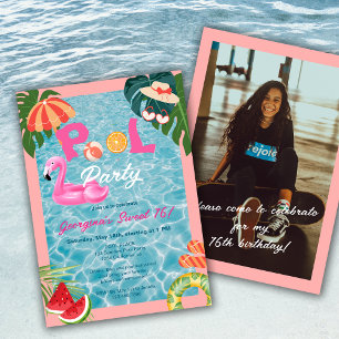 Invitation Tropical Palm Feuille Pool Party Sweet 16 Annivers