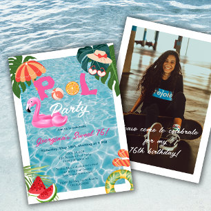 Invitation Tropical Palm Feuille Pool Party Sweet 16 Annivers